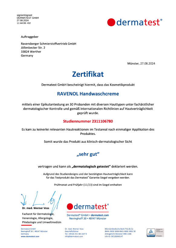 RAVENOL Handwaschcreme Zertifikat