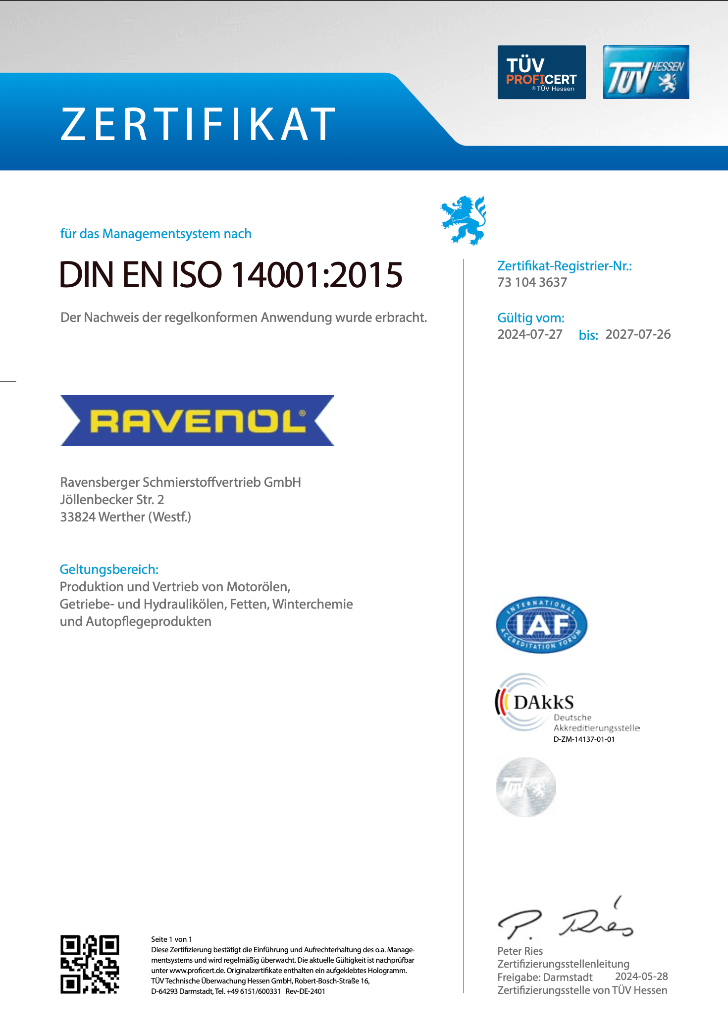 Zertifikat DIN EN ISO 14001 2015